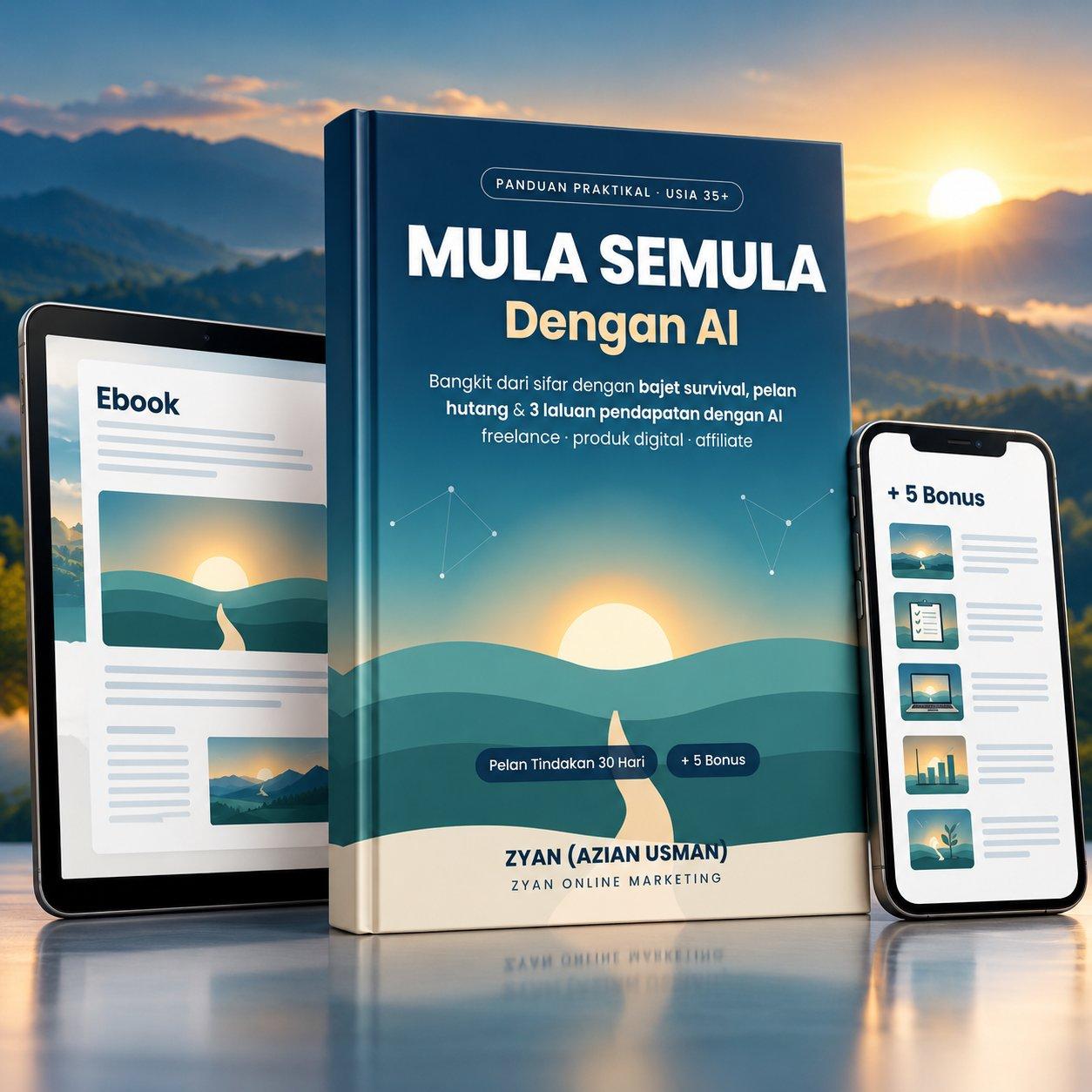 Mockup kit digital Mula Semula Dengan AI oleh Zyan Online Marketing: ebook di tablet, buku dan bonus di telefon